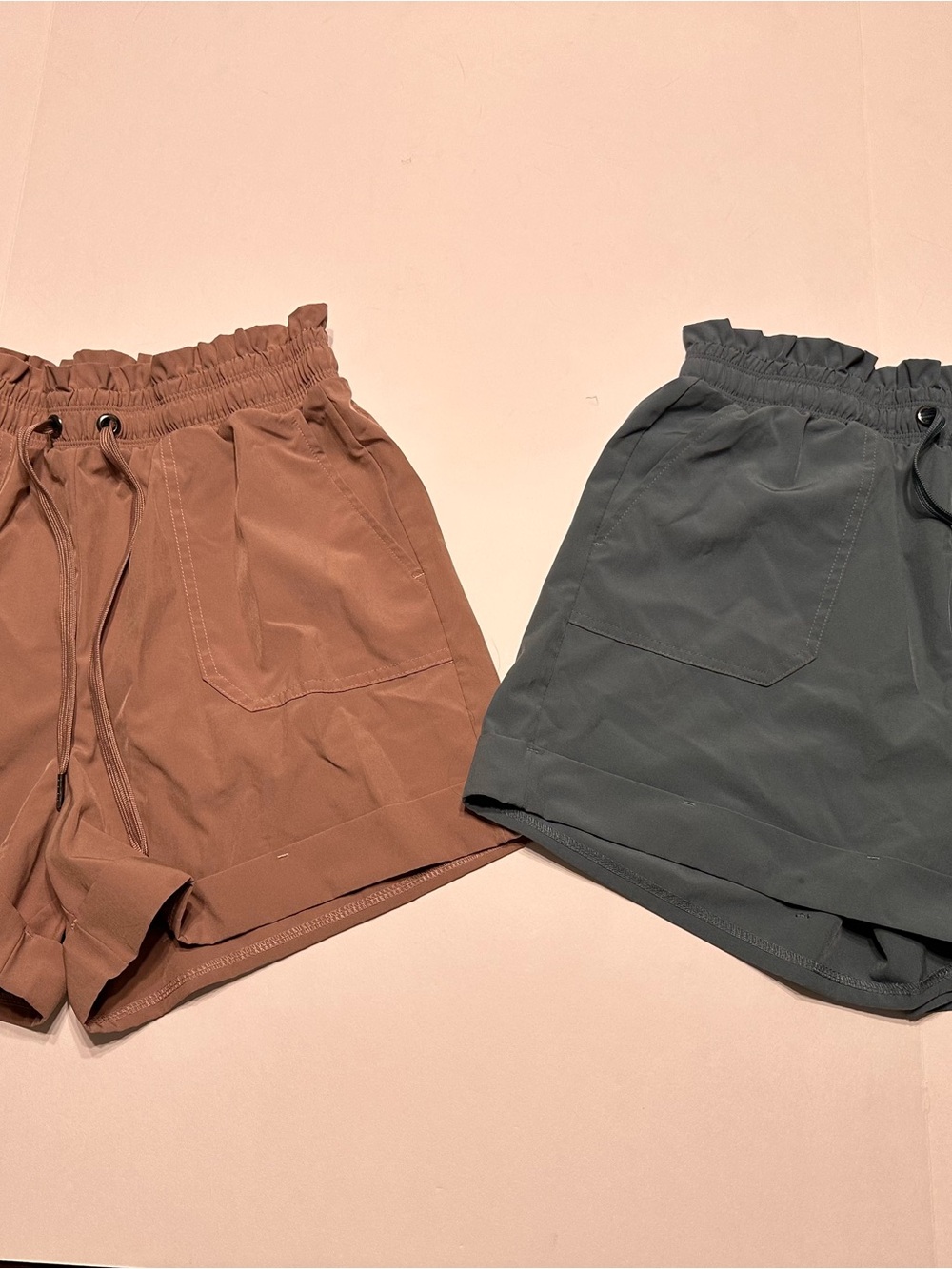 Danskin Paperbag Elastic Waist Shorts — Slate Gray/Blue & Brown